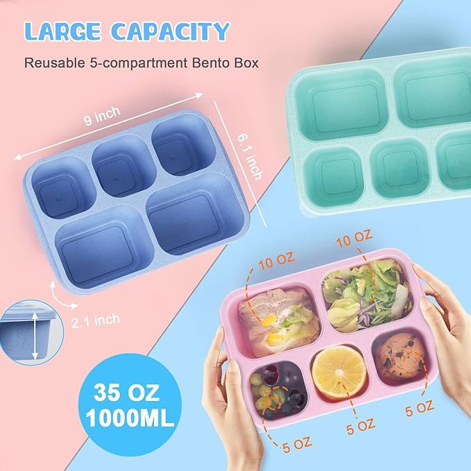 Lunchable Containers Snackle Box,4 Pack 5 Compartments Adult Bento Box With Compartments,Meal Prep Containers Reusable,Divided Food Storage Snack Containers for Work,Travel (4 Colors)