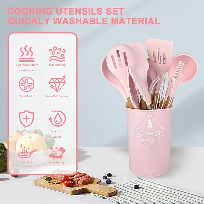 Silicone Cooking Utensils Kitchen Utensil Set - 446°F Heat Resistant Silicone Kitchen Utensils Set, Spatula,Turner Tongs, Spoon, Brush, Whisk,Kitchen Gadgets for Nonstick Cookware, BPA Free (Pink)