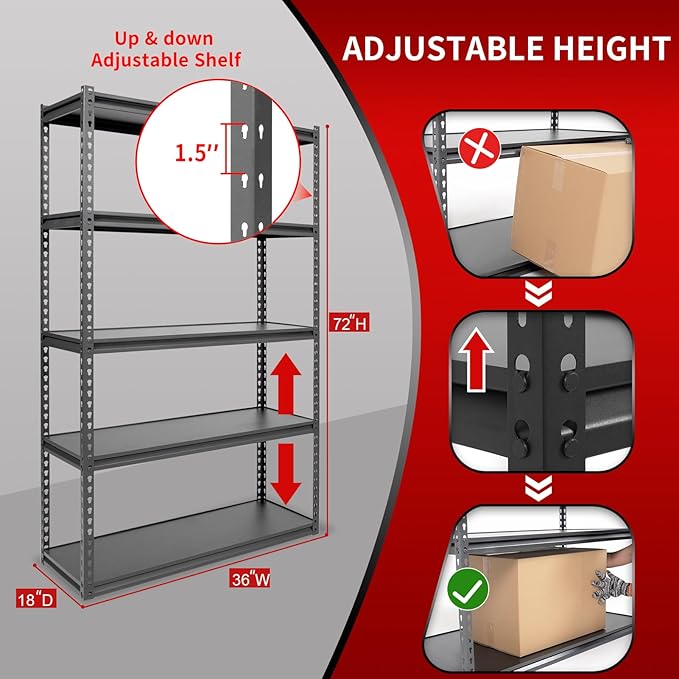 The Atlas 36" W Laminated Heavy Duty Metal Shelving Unit 4000 Lbs Boltless Garage Storage Shelves Utility Rack Shelf Warehouse Pantry Shed 36" W x 18" D x 72" H, Dark Gray