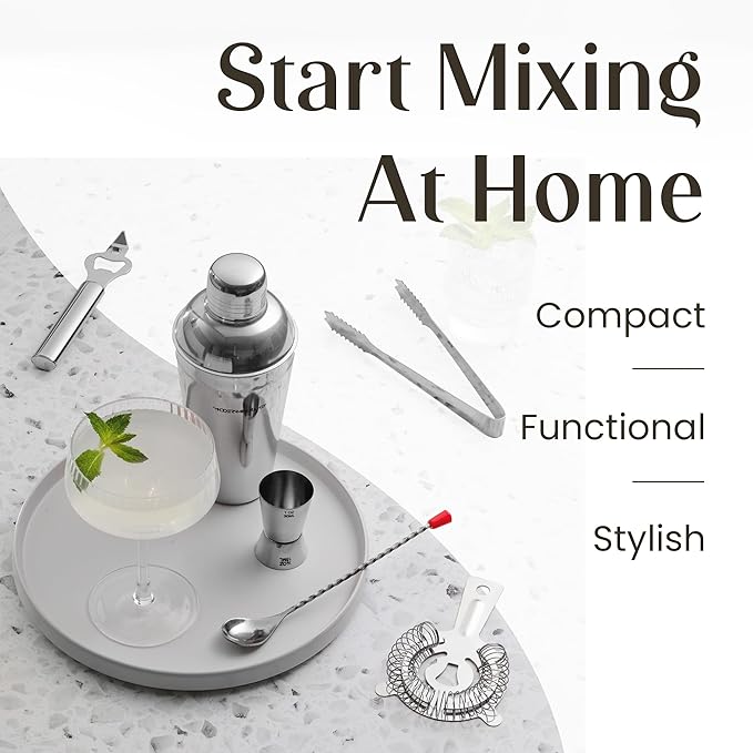 Modern Mixology Cocktail Shaker Set - 8 Piece Bartender Kit with Martini Shaker and Popular Bar Accessories on Quality Pine Stand - Leak Proof Design (Silver)
