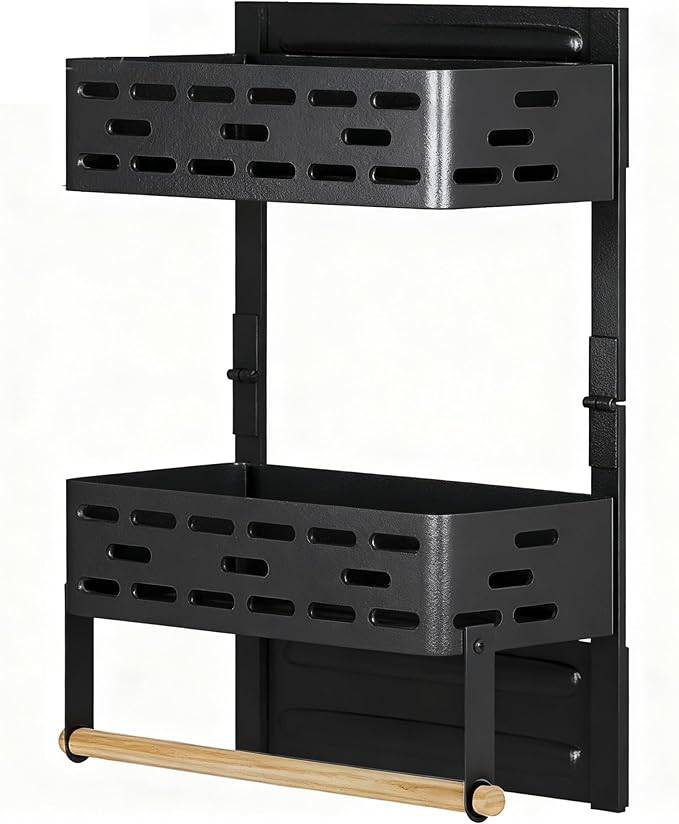 2-in-1 Magnetic Spice Rack & Paper Towel Holder for Fridge - 4 Hooks Kitchen Space Saver, Black Fridge Magnet Organizer