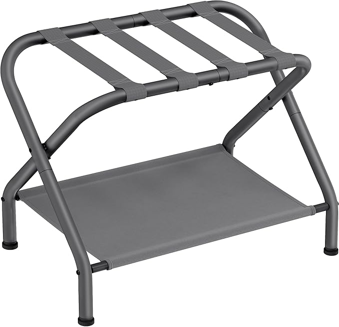 SONGMICS Luggage Rack, Suitcase Stand with Fabric Storage Shelf, for Guest Room, Bedroom, Hotel, Foldable, Holds up to 110 lb, 27.2 x 15 x 20.5 Inches, Slate Gray URLR002G01