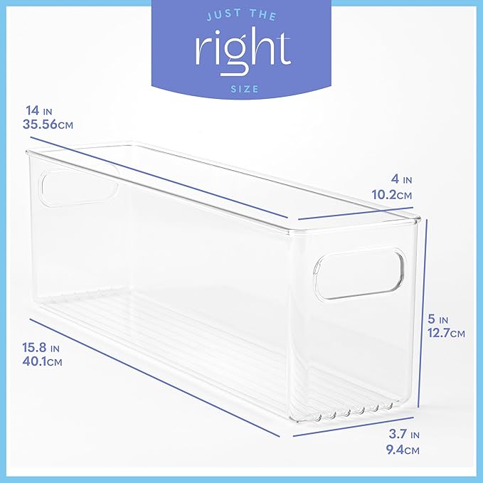 primebox Plastic Food Storage Clear Container Bin with Handles for Organizing Kitchen, Pantry, Refrigerator, Freezer, Pantry, Cabinet, Closet, Bathroom. 14”x4”x5”