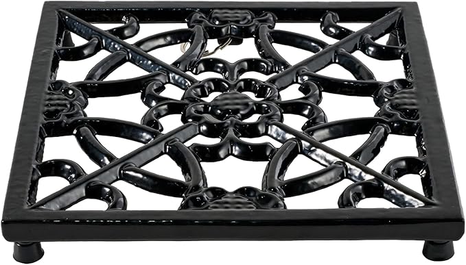 JOGREFUL Cast Iron Trivet Mats, Kitchen Pot Holders to Portect Table/Countertops, Heat Resistant Mats for Teapot/Hot Dishers/Plates, Vintage Mats with Weighted-Base, Flower Black
