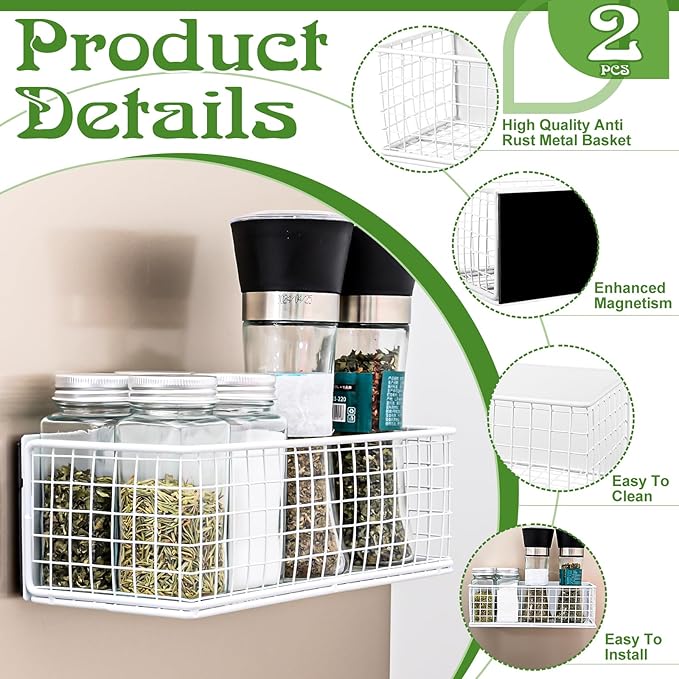 2 Pack Magnetic Basket Organizer Magnetic Baskets for Refrigerator Magnetic Storage Bin Baskets Magnetic Shelf Baskets for Home Kitchen Fridge Pantry Office Holds
