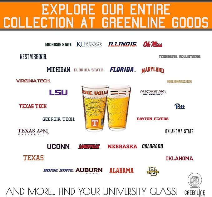 Greenline Goods – University of Tennessee Volunteers College Pint Beer Glasses (Set of 2), 16 oz – Full-Color Logo + Campus Map