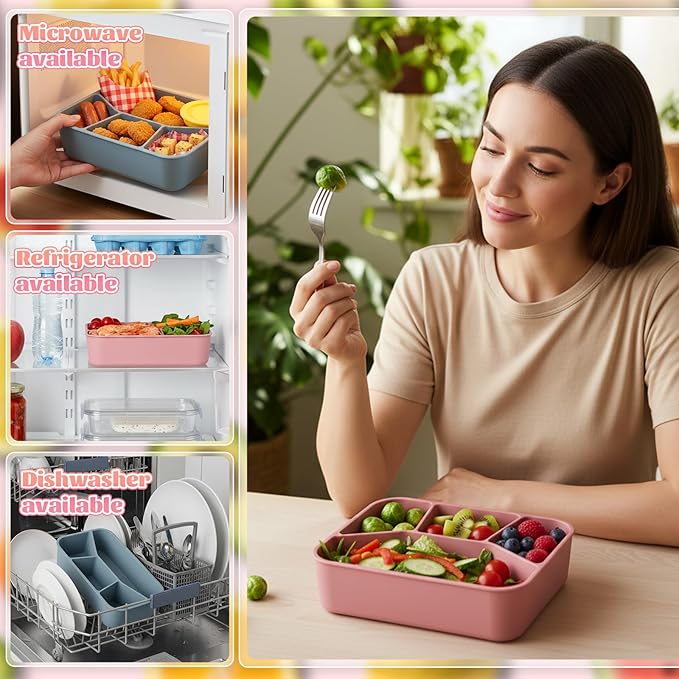 4 Pcs Silicone Bento Box Reusable Lunch Container, 4 Compartment, Food Grade Smooth Leak Proof Lunch Box Rectangle Bento Boxes, Microwave and Dishwasher Safe, for Adult Work Travel Food Storage