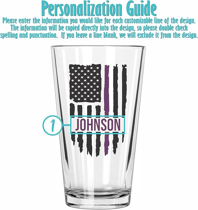 Blue Ridge Mountain Gifts - Thin Purple Line Pint Glass - Personalized Security Professional Glass, Security Officer Appreciation, Purple Line Merch, Custom Barware, The Thin American Flag