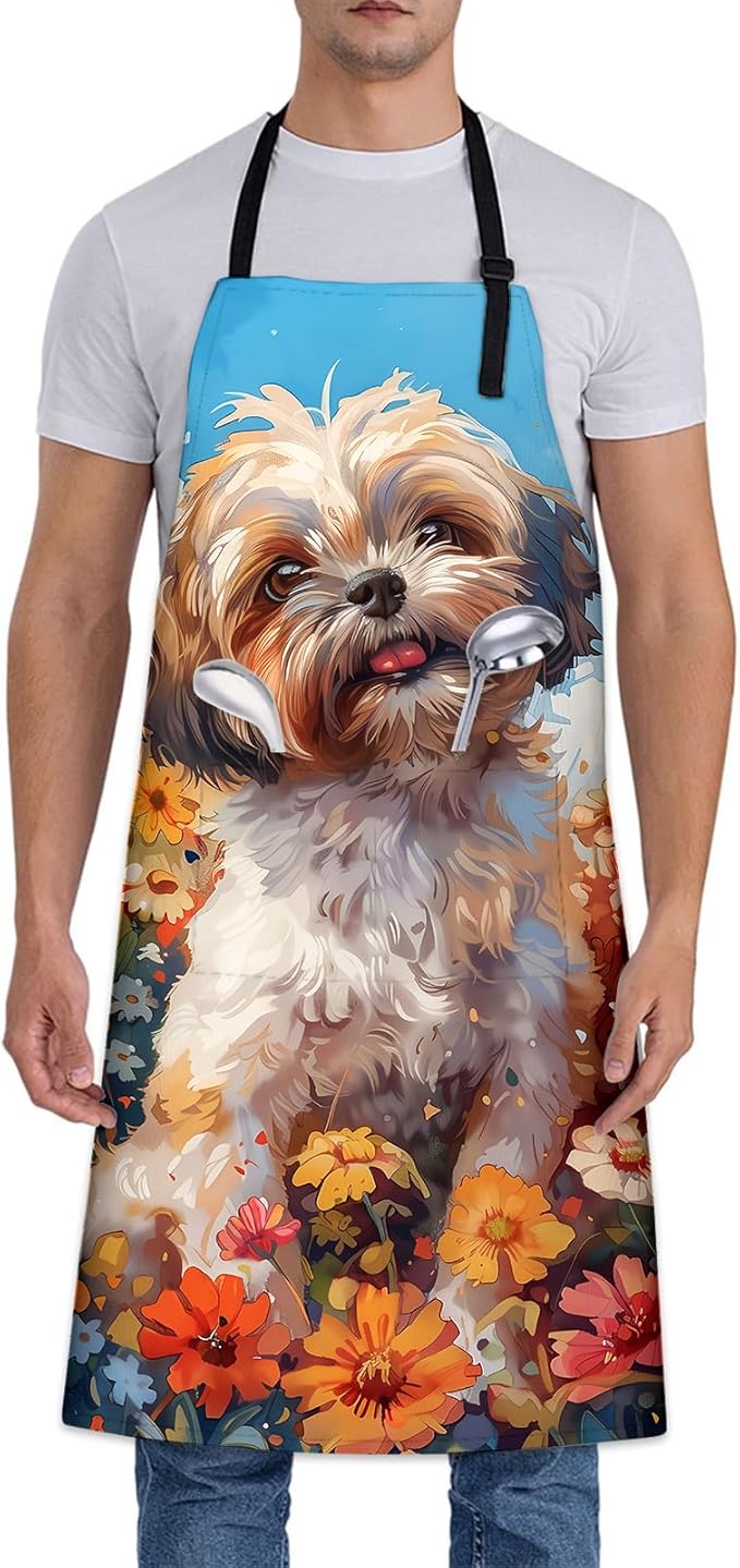 Adorable Shih Tzu Dog Apron, Adjustable Kitchen Vibrant Floral Design Aprons with Pockets for Cooking BBQ Gardening, 28×33 IN, Holiday Gifts for Women Men Wife, for Chef Baking, Oxford Fabric
