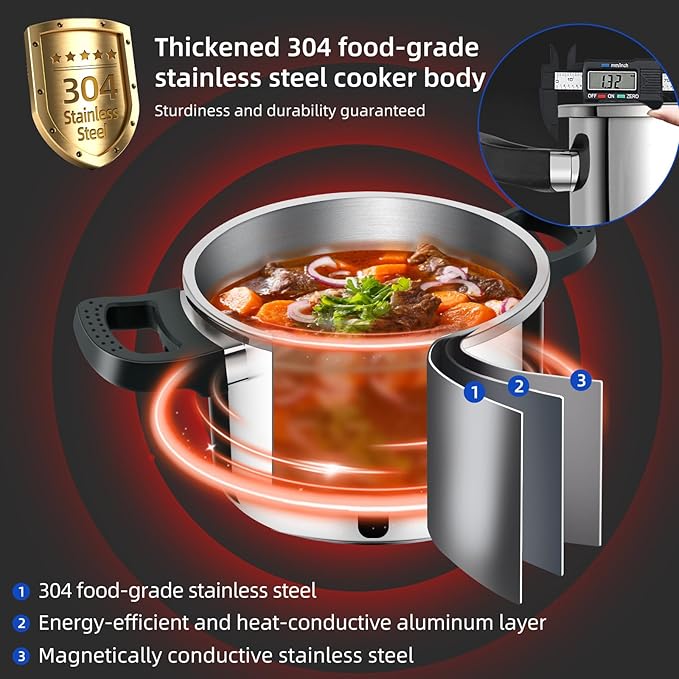 Pressure Cooker Stainless Steel 10 Qt, Commercial Stove Top Pressure Cooker for canning, One-Hand Locking, Compatible with Gas & Induction, Fast Cooking for Large Meals, Dishwasher Safe, Deeluban