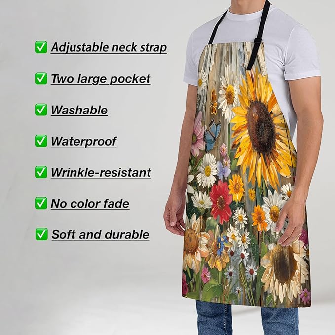Vintage Sunflower Apron for Women, 28x33in, Kitchen Chef Aprons with 2 Pockets, Polyester, Farmhouse Apron for Cooking BBQ Baking Gardening Chef, Gifts for Mom Wife Dad