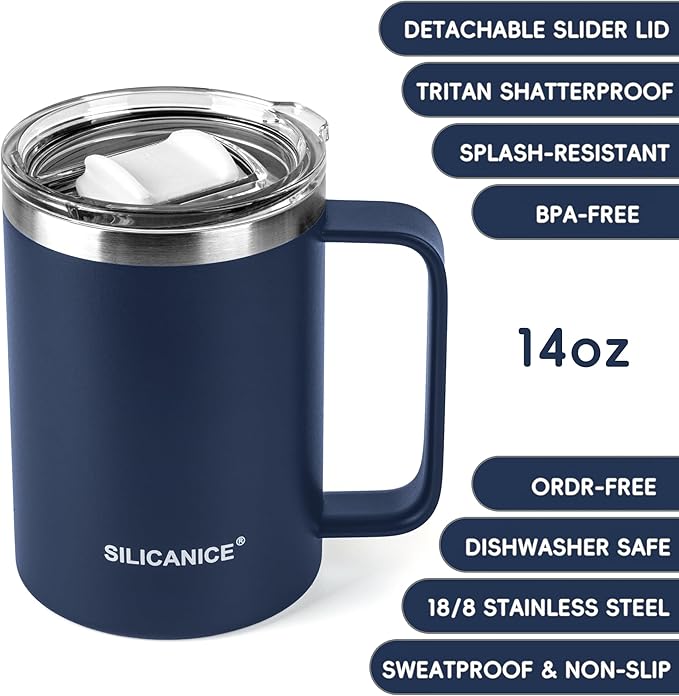 14/24oz Insulated Coffee Mug Cup With Handle, 304 Stainless Steel Vacuum Insulation, Tritan Detachable Slider Lid, BPA Free, Dishwasher Safe - Office & Home - Navy