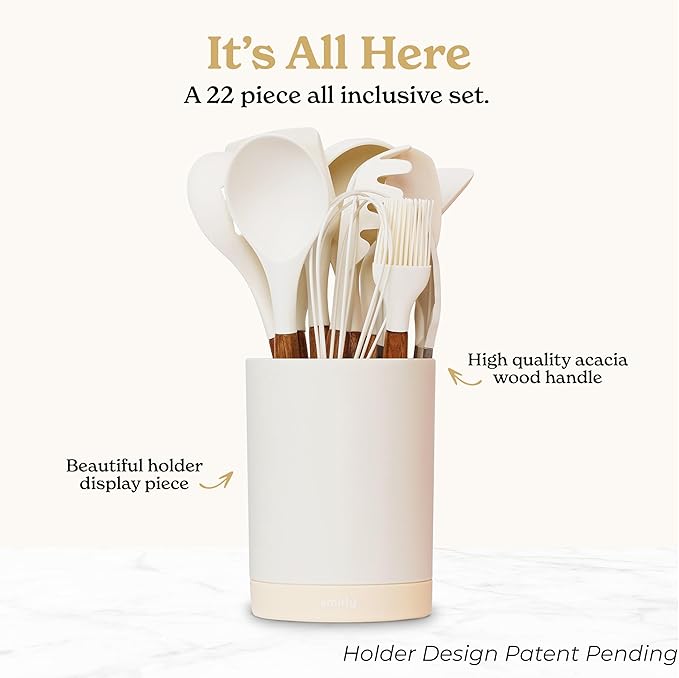Silicone Kitchen Utensils Set & Holder: Cooking Utensils Set - Kitchen Essentials for New Home & 1st Apartment- Silicone Spatula Set, Cooking Spoons for Nonstick Cookware (Acacia Wood, Cream White)