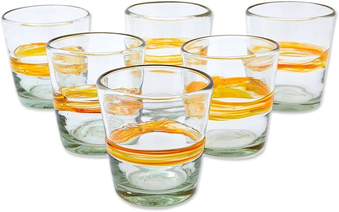 NOVICA Artisan Handblown Recycled Ecofriendly Rock Glasses Set 6 in Golden Hues Clear Yellow Mexico Tableware Drinkware Tumbler Juice Striped Misted Hacienda [ 3.5in H x 3.5in Diam. 10 Oz.] ' Ribbon