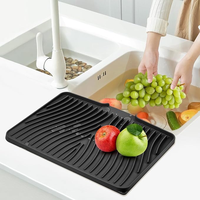 Silicone Dish Drying Mat for Kitchen Counter, Dish Drying Pad, Non-Slip Drain Pad with Built-in Drain, Heat Resistant Stone Drying Mat(15.8" x 13", Black)