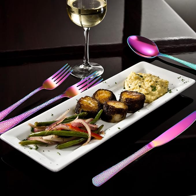 Hammered Silverware Set Rainbow Stainless Steel Flatware 40 pieces Dinning Utensils Service for 8 include Knife Fork Spoon Durable Easy to Clean