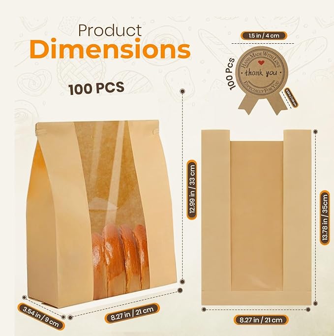100 Pack UPGRADED THICKEST Brown Paper Bread Bags for Homemade Bread Large Sourdough Bread Bags 13.7"x8.3"x3.5" with TIN TIE LOCK & Clear Window, Rigid Bakery Bags with 100 “Thank You” Seal Stickers