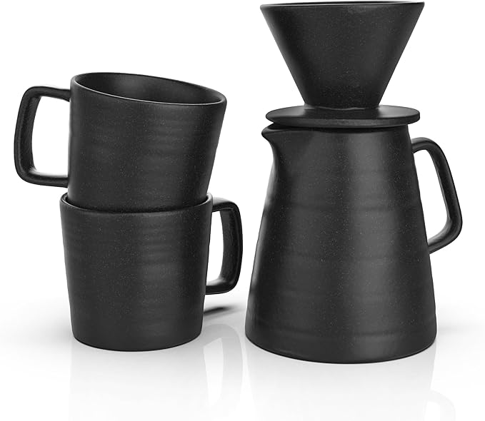 Francois et Mimi Pour Over Drip Coffee Maker Gift Set with Two Coffee Mugs, Non-Electric Pour Over Coffee Dripper, Easy Manual Brew Maker, Dishwasher and Microwave Safe, Filters not included (Black)