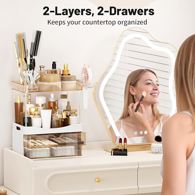 Shower Organizer, 2-Tier Bathroom Counter Organizer with 2 Drawers, Large Capacity Storage for Skincare Makeup Cosmetic Perfume Hairdryer, Bathroom Decor, Shower Accessories (Amber)