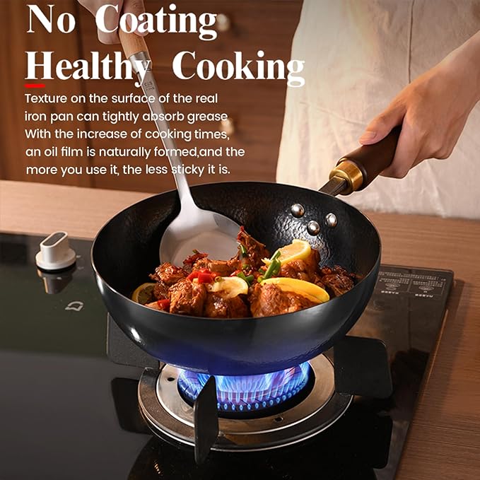 Carbon Steel Wok Pan, 9.5" Woks & Stir-Fry Pans with Glass Lid Cookwares, Nonstick Wok Flat Bottom Small Handmade Chinese Wok For for All Stoves