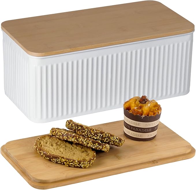Large Bread Box for Kitchen Countertop Corner Breadbox for Homemade Bread Metal White Vertical Stripe Pattern Embossed Bread Storage Container Bin with Bamboo Lid