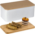 Large Bread Box for Kitchen Countertop Corner Breadbox for Homemade Bread Metal White Vertical Stripe Pattern Embossed Bread Storage Container Bin with Bamboo Lid