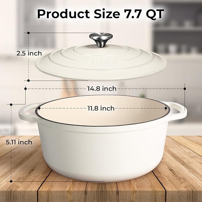 Zulay Kitchen 7.7 Quart Enameled Cast Iron Dutch Oven Pot with Lid – Premium Durability & Oven Safe up to 500°F – Heavy Duty Cookware Perfect for Bread Baking, Stews, Braising & Roasting – White