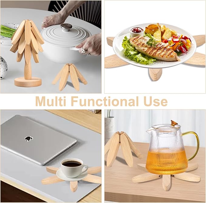 Wooden Trivets for Hot Dishes, Tree Shape Trivets Set, 5 Wooden Trivet + 1 Stand Stored Like a Tree, Beech Wood Trivet for Hot Pots, Pans, Bowl, Teapot, Practical The Kitchen Counter