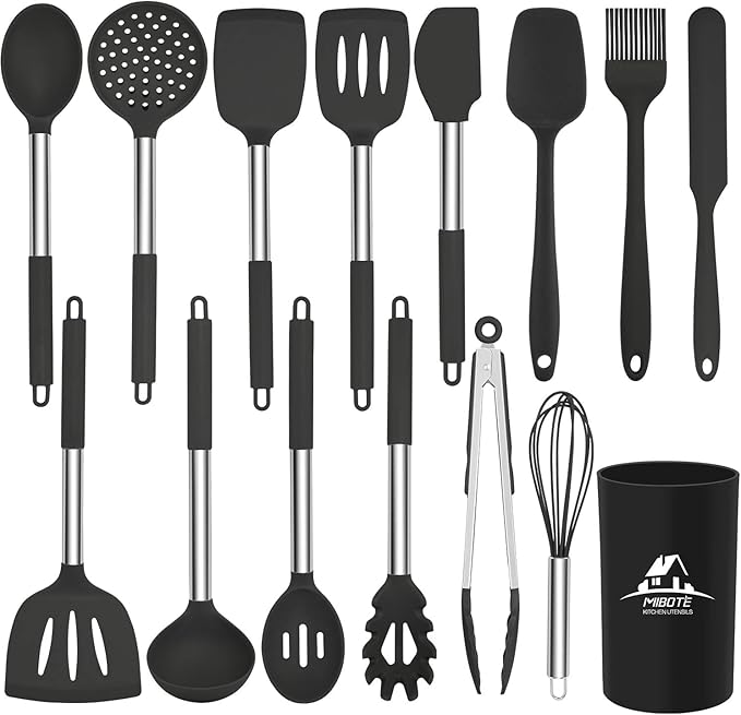 MIBOTE Silicone Kitchen Utensils Set, Cooking Utensils Set with Heat Resistant BPA-Free Silicone and Stainless Steel Handle Kitchen Tools Set (Black)