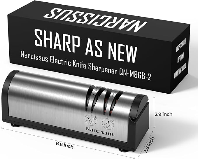 Narcissus Knife Sharpener, Professional 2 Stage Electric Knife Sharpener for Quick Sharpening & Polishing, with Scissors Sharpener and Metal Dust Collection Box, Stainless Steel, Silver