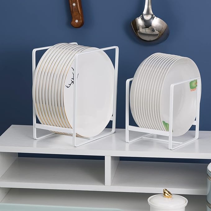 Plate Holders Organizer for Kitchen Cabinet Counter Cupboard, 4Pcs Metal Dish Storage Drying Display Rack, Upright Stand for Storing Pans Lids Dish Trays (2 Small and 2 Large, White)