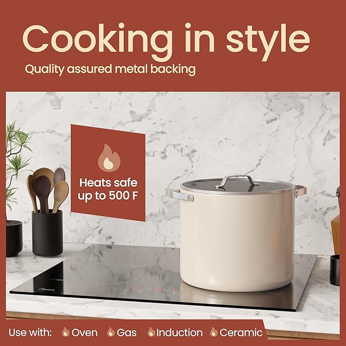 Bakken 12.5 Quart Ceramic Coated Stock Pot with Lid, Easy Clean Nonstick Pot, Tempered Glass Lid, Riveted Stainless Steel Handles, Oven Safe Up To 500°F, PTFE & PFAS Free, All Stove Compatible, Cream