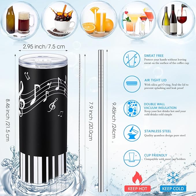 Umigy 2 Pieces Piano Gift Tumbler with Lid Straw and Brush, 20 oz Musical Notes Travel Mug Stainless Steel Coffee Mug for Christmas Music Lovers Singers Teacher Birthday Gifts