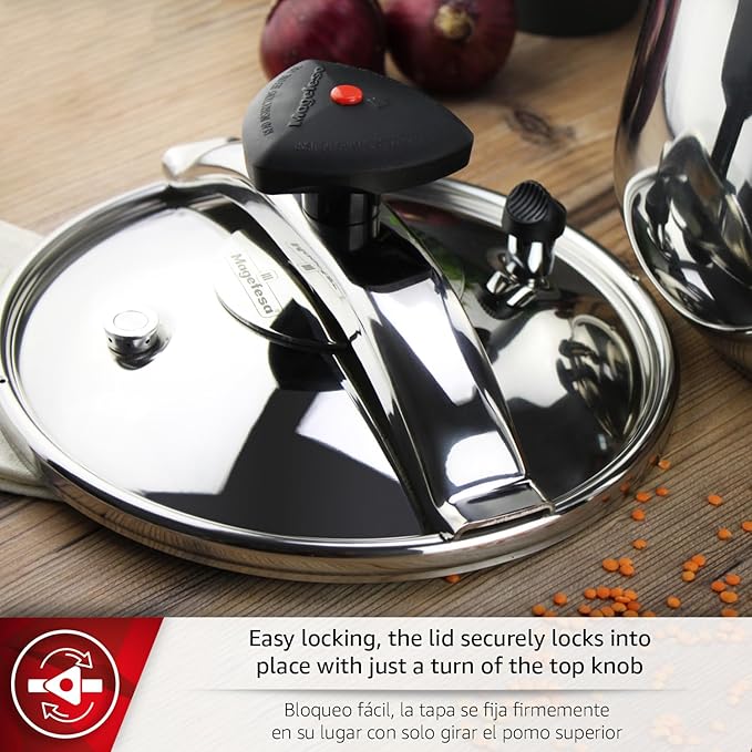 MAGEFESA Star Belly Pressure Cooker 10.6 Qt – 18/10 Stainless Steel, Rounded Bottom, 3 Safety Systems, Works on All Stovetops Including Induction, 8 PSI