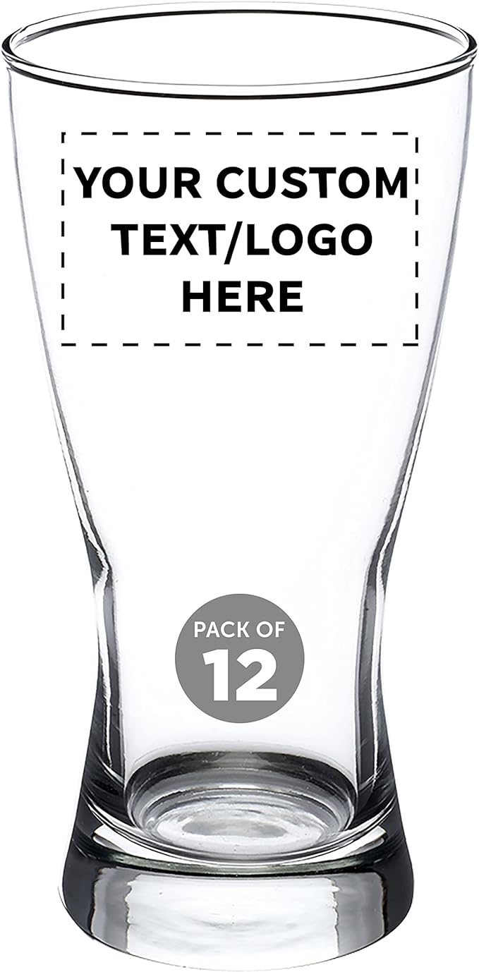 Custom Pilsner Glasses 13.25 oz. Set of 12, Personalized Bulk Pack - Made in the USA, Perfect for Hotels, Restaurants, Bars and Even Party Favors - Clear