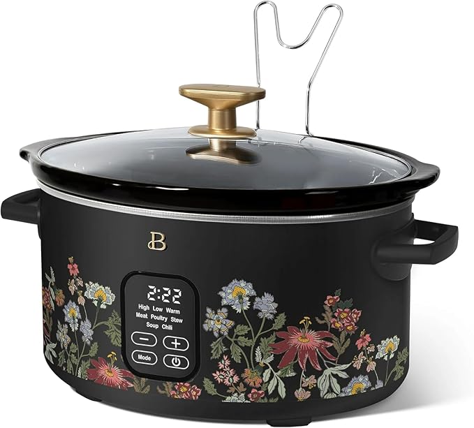 Beautiful 6 Qt Programmable Slow Cooker by Drew Barrymore - 5 Preset Cooking Functions, Digital Countdown Timer, Dishwasher-Safe Parts, and Cool-Touch Handles (Wildflower Black Sesame)