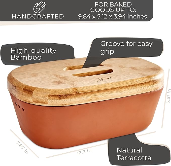 Steinzeit Bread Box Made from Breathable Terracotta (9.8x5.1x3.9 inches) - Keeps Bread Fresh Longer - Bread Box for Kitchen Countertop - Bread Storage for Homemade Sourdough Bread