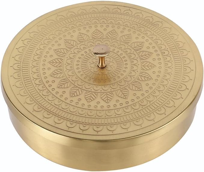 Brass Round Spice Box Masala Dabba-Spice Box Set With Spoon Container 90 ML Indian Masaladanni for Kitchen Counter With Spoon (Mandala, 9 Inch (Large Family))
