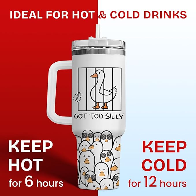 34HD Funny Gifts for Friends, Goose Tumbler 40oz with Handle and Straw, Funny Stainless Steel Tumbler with Lid, Got Too Silly Coffee Mug, Goose Gifts for Sisters Brothers Coworkers