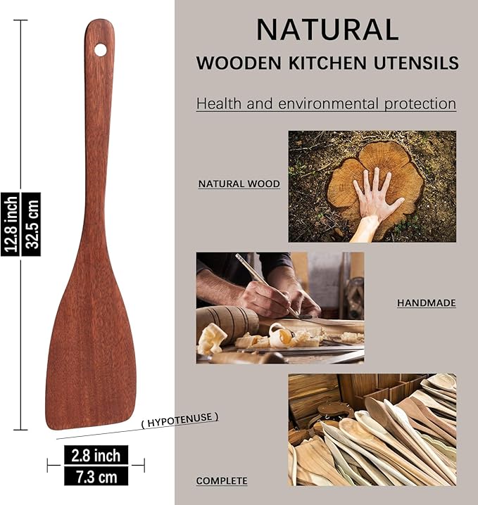 2PCS Wooden Spatulas for Cooking, 12.8inch Coated Mahogany Turners for Frying, Non-Scratch Wood Bevel Spurtle for Pan & Wok, Wooden Cooking Utensils for Non Stick Cookware, Long Handle Scraper