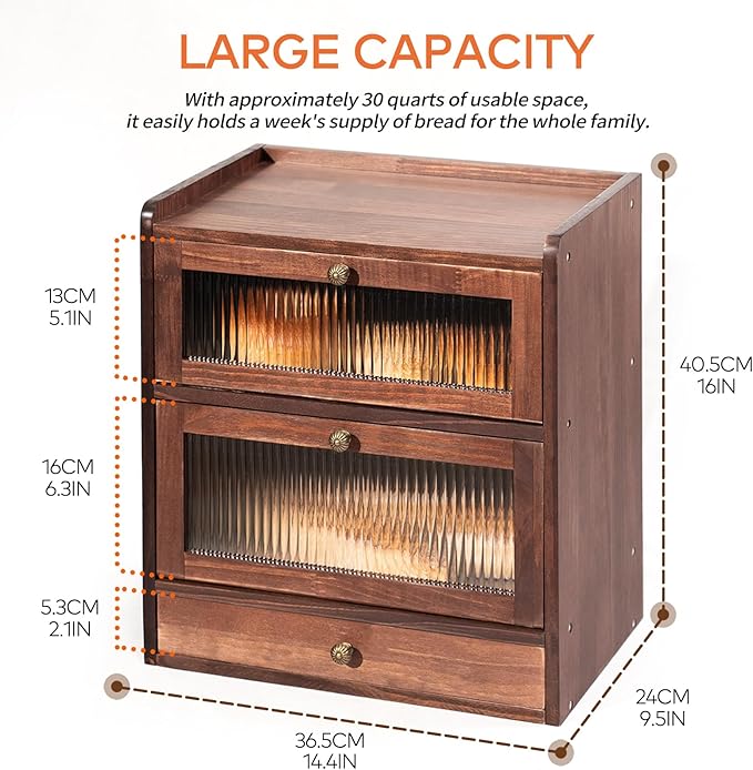 Solid Wood Bread Box for Kitchen Countertop with Drawer and 50 Count Deli Paper, 2 Layer Large Capacity Wooden Breadbox, Vintage Food Storage Container for Kitchen Counter Corner, Brown