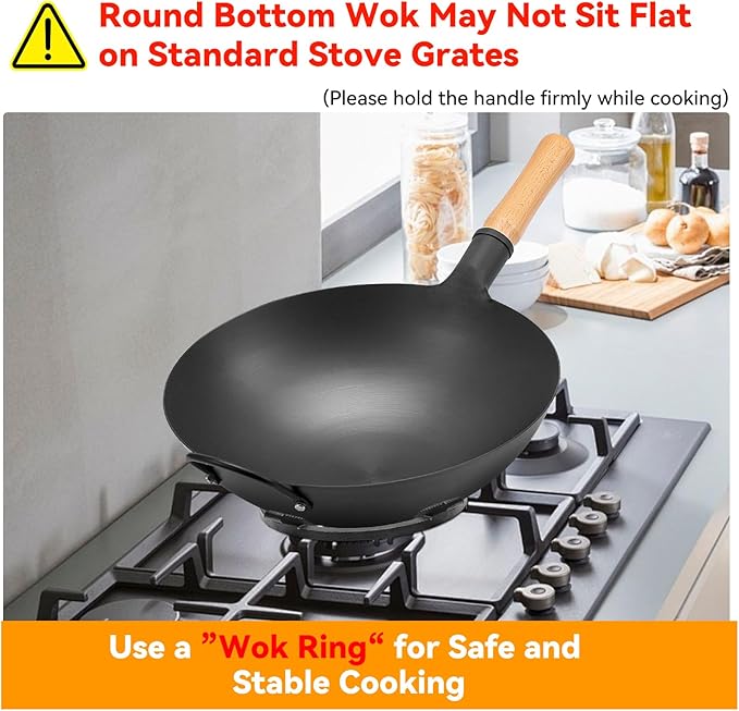 WANGYUANJI 14.2 Inch Round-Bottom Iron Wok and Cast Iron Wok Ring for Gas Stove, 8.3" Non-Slip Wok Support Rack