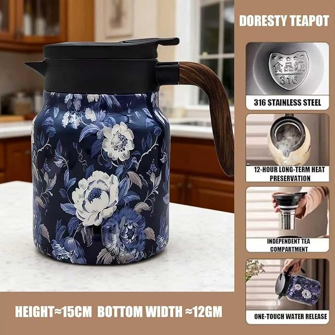 Vintage Floral Pattern Teapot, Doresty Tea Pot, Vintage Floral Pattern Tea-Built-In Infuser, Stainless Steel Thermal Carafe with Lid for Hot Drinks (Pink, Plastic handle)