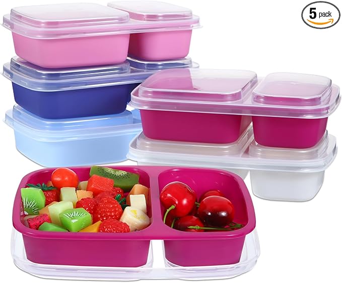 Honeydak 5 Pack Lunchable Snack Containers 2 Compartment Divided Bento Snack Boxes Reusable Meal Prep Containers with Lids Lunch Food Storage Box for School Work Travel(Elderberry Color)