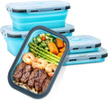 4 Set Collapsible Food Storage Containers Silicone Lunch Container with Lids Collapsible Lunch Box Food for Camper Leftovers Snacks Meals Dorm Kitchen Microwave Blue with Gray Edges