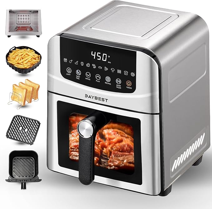 6QT Stainless Steel Air Fryer Ceramic 12 in 1, Dual-Blazes in Metal Housing, 2-3 Servings Visible 8.27" Basket with Teflon-Free Premium Coating, 1700W, DAYBEST Dishwasher Safe Kits (Silver)