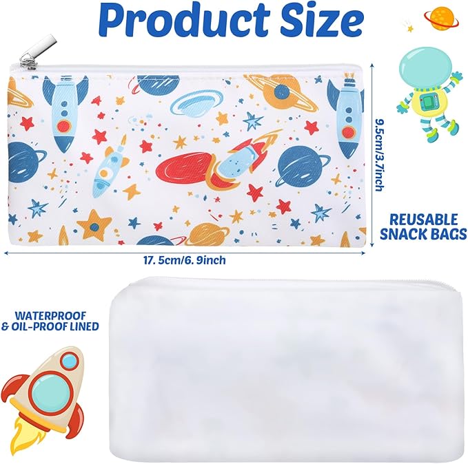 Chumia 6 Pcs Reusable Snack Bags Christmas Gifts Food Safety Washable Snack Bags Lunch with Zipper Portable Sandwich Bag Food Storage Pouch Double Layer(Astronaut,6.9 x 3.7 Inches)