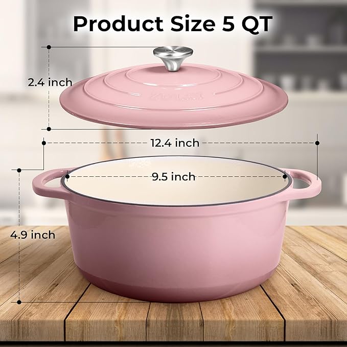Zulay Kitchen 5 Quart Enameled Cast Iron Dutch Oven Pot with Lid – Premium Durability & Oven Safe up to 500°F – Heavy Duty Cookware Perfect for Bread Baking, Stews, Braising & Roasting – Pink