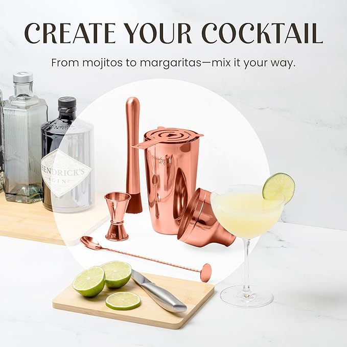 Mixology & Craft Cocktail Shaker Set: 10-Piece Bartender Kit with Stand | Complete at Home Bar Set with Bar Accessories | Great Housewarming Gift | Leak-Proof Design (Copper)