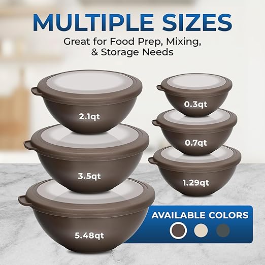 12 Piece Plastic Nesting Bowls with Lids - Mixing Bowls Set includes 6 Prep Bowls and 6 Lids, BPA-Free, Reusable Meal Prep Containers, Microwave, Freezer & Dishwasher Safe, Brown